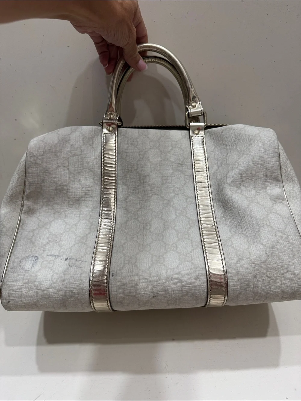 Authentic Gucci Joy Boston Bag with Metallic Silver Trim